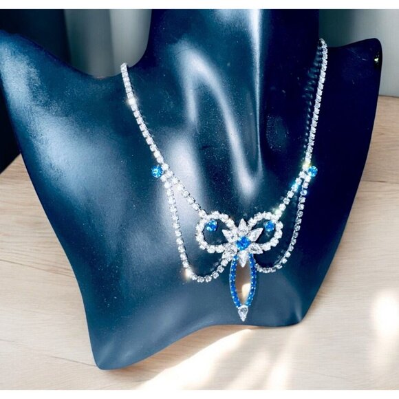 Vintage Statement Necklace by JAY FLEX Clear and Blue Rhinestones Silver Tone - Picture 2 of 6